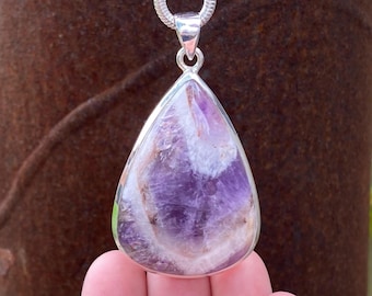 Chevron Amethyst pendant in 925 Sterling Silver - handmade 34x60mm pendant - natural purple and white gemstone - necklace pendant