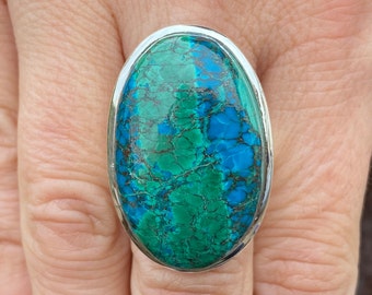 Chrysocolla Malachite (size O , 7.5) ring in 925 Sterling Silver - 19x31mm green blue and brown gemstone - handmade