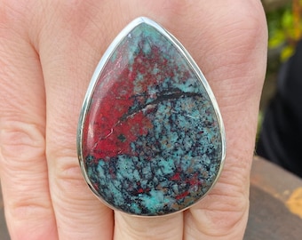 Sonora Sunrise (size O , 7.5 - US) handmade ring in 925 Sterling Silver - natural 32x45mm red and green gemstone  - Cuprite Chrysocolla