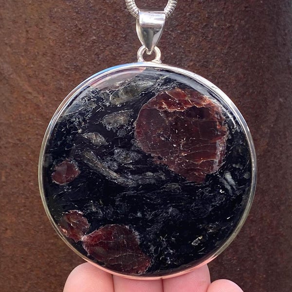Large Garnet & Black Tourmaline pendant in 925 Sterling Silver - 63x77mm necklace pendant