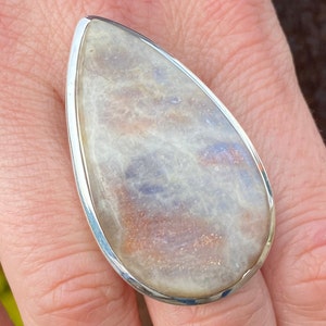 Sonnenstein / Madagassischer Mondstein (nicht Regenbogen) Fusion Ring (Größe R 1/2 , 9) in 925 Sterling Silber - natürlicher 24x42mm orange bis blauer Edelstein