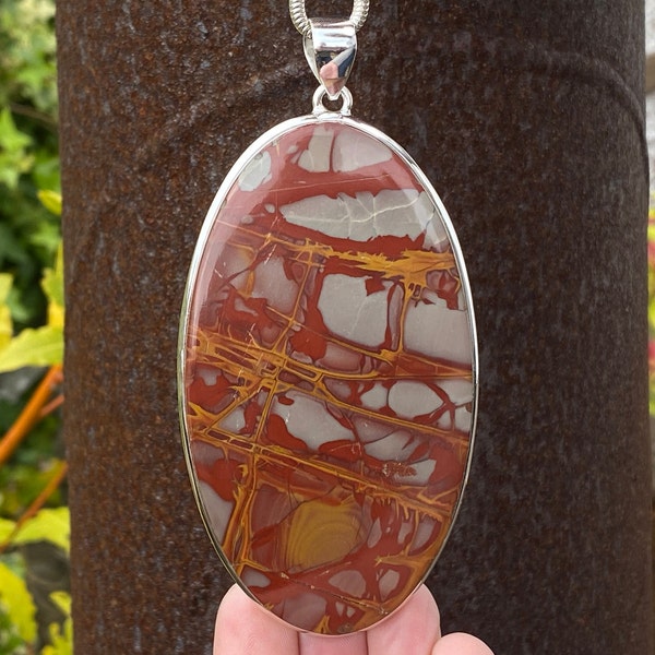 Very Large Noreena Jasper pendant in 925 Sterling Silver - handmade 54x111mm pendant - natural red, grey and yellow gemstone - necklace