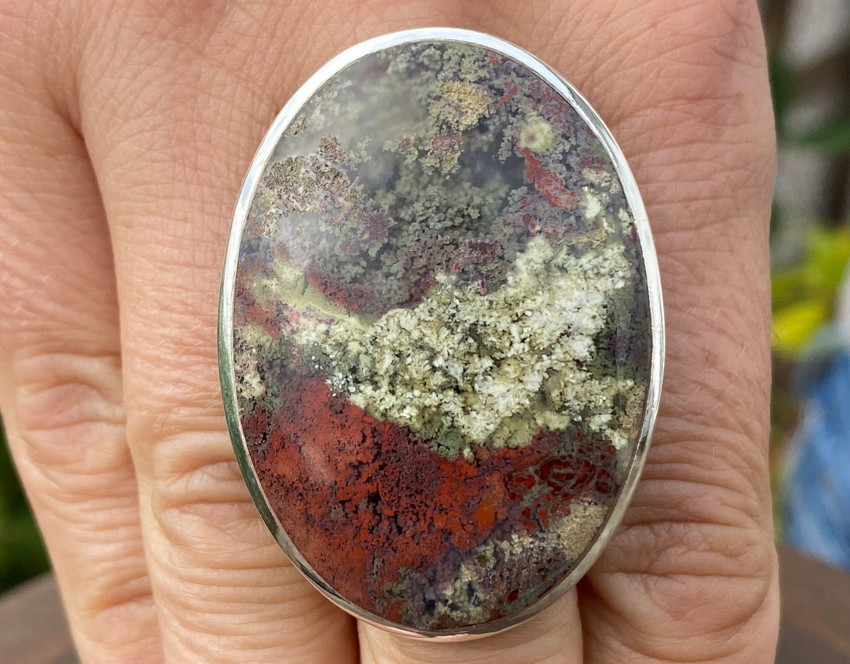 Indonesian Moss Agate (size N , 7) ring in 925 Sterling Silver - 30x42mm natural gemstone - handmade statement ring - green red