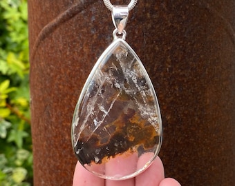 Lodolite / Garden Quartz pendant in 925 Sterling Silver - handmade 44x85mm natural gemstone - moss like inclusion effect - necklace pendant