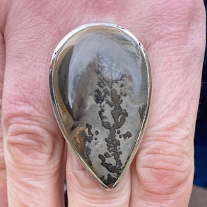 May include: A teardrop-shaped ring with a silver band. The focal point is a large, polished stone with a pattern of gray, black, and brown hues. The stone's surface has a glossy finish, and the ring is set against a skin tone background.