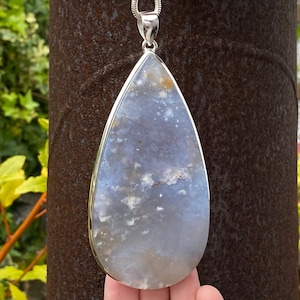 SOLD - RESERVED for A Very large natural Blue Chalcedony pendant in 925 Sterling Silver - 56x126mm handmade statement piece - soft blue