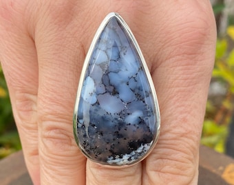 Dendritic Opal / Merlinite (size N , 7) Sterling Silver 925 ring - natural 23x43mm gemstone - handmade black and white gemstone ring