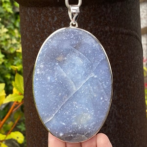 SOLD - RESERVED for A Huge natural Blue Chalcedony pendant in 925 Sterling Silver - 71x121mm handmade statement piece - soft blue gem