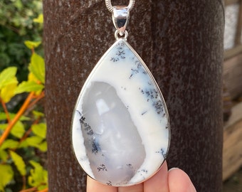 Large Dendritic Opal / Merlinite pendant in 925 Sterling Silver pendant - natural 51x92mm black and white gemstone