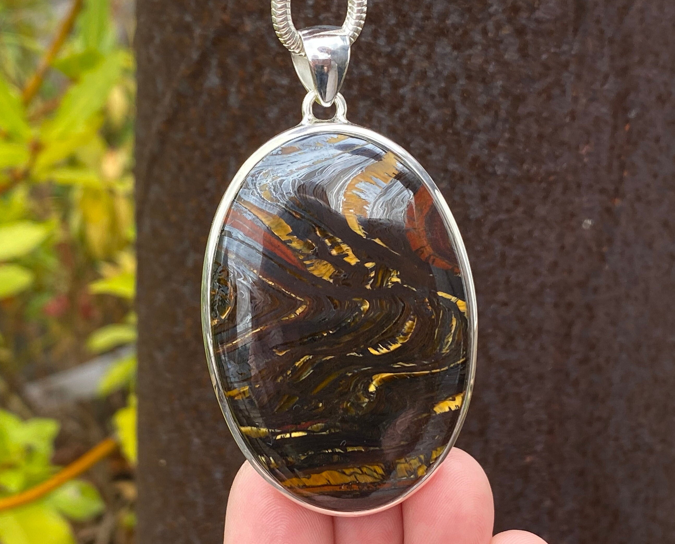Iron Tiger Eye pendant in 925 Sterling Silver pendant - handmade 39x68mm statement piece - natural gemstone - brown and gold - necklace