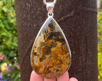 Large Golden Pietersite pendant in 925 Sterling Silver - handmade 47x87mm pendant - natural gemstone - Namibia , Africa - necklace