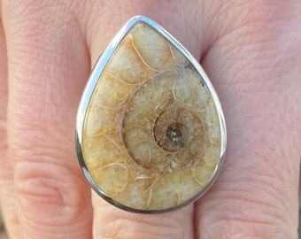 Madagascan Ammonite ring (size N , 7) in 925 Sterling Silver - 22x30mm natural brown fossil- handmade