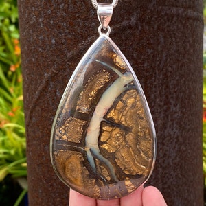 Very large Boulder Opal pendant in 925 sterling silver - handmade 61x112mm pendant - natural brown gemstone - necklace - Milky Opal