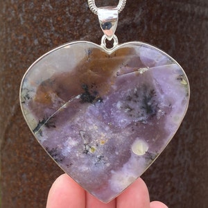Ciondolo a cuore in agata ametista salvia dendritica in argento sterling 925 - ciondolo fatto a mano 67x79mm - pietra preziosa viola marrone naturale - Nevada, USA