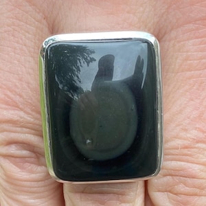 Eye Obsidian (size O , 7.5 US) ring in 925 Sterling Silver - natural 21x28mm natural volcanic glass - black gemstone - statement ring