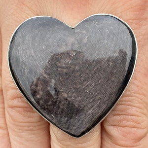 Peut inclure: Une bague en forme de cœur avec une pierre gris foncé sertie dans de l'argent. La pierre a un motif tourbillonnant et une finition brillante.