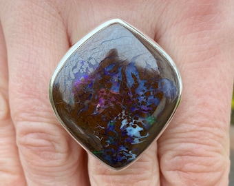 Australian Boulder Opal ring (size R 1/2 , 9 US) in 925 sterling silver - natural 27x33mm gemstone - green blue orange and brown - handmade