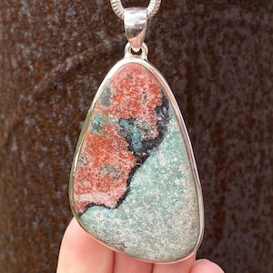 Sonora Sunrise pendant in 925 Sterling Silver - handmade 37x73mm pendant - natural green and red gemstone - Mexican - Cuprite Chrysocolla