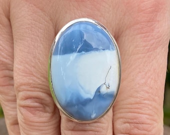 Blue Opal (size P , 8) ring in 925 Sterling Silver - natural 21x31mm stone - pastel blue gemstone - handmade statement ring