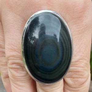 Large Eye Obsidian (size S , 9.25 US) ring in 925 Sterling Silver - natural 28x41mm natural volcanic glass - black gemstone - statement ring