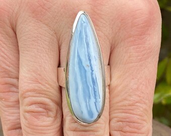 Blue Opal (size Q , 8.5) ring in 925 Sterling Silver - natural 12x39mm stone - pastel blue gemstone - handmade statement ring