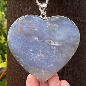 Very large natural Blue Chalcedony heart pendant in 925 Sterling Silver - 85x96mm handmade statement piece