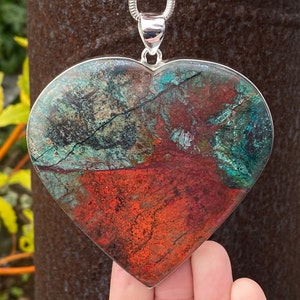 Very Large Sonora Sunrise pendant in 925 Sterling Silver - handmade 83x96mm pendant - natural green and red gemstone - Cuprite Chrysocolla