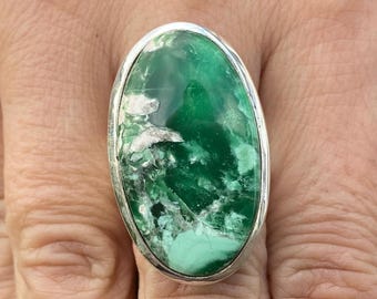 Variscite ring (size 7.75 , O 1/2) ring in 925 Sterling Silver - natural 17x30mm green gemstone - handmade statement ring
