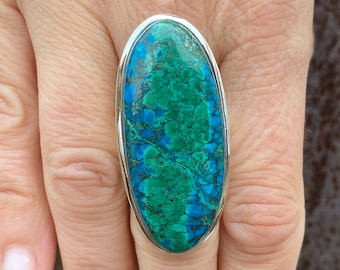 Chrysocolla Malachite (size N , 7) ring in 925 Sterling Silver - 18x43mm natural green blue and gemstone - handmade