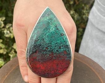Sonora Sunrise (size T 1/2 , 10) handmade ring in 925 Sterling Silver - natural 43x63mm red green black gemstone  - Cuprite Chrysocolla