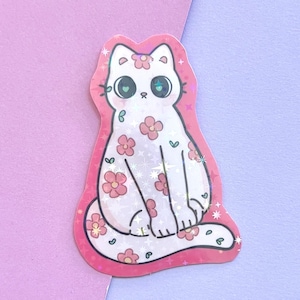 Floral kitty! Sparkly Vinyl Sticker - Cute Kawaii holographic durable sticker for scrapbook, water bottles, deco, gifts