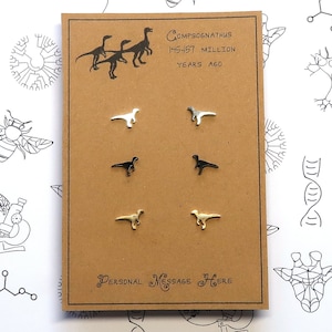 Tiny Compsognathus 'Compy' Dinosaur Earrings, set of three pairs with Personalised Message