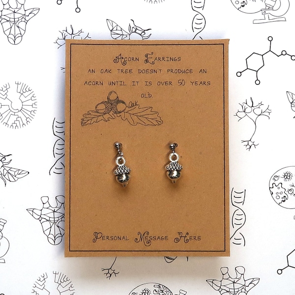Tiny Acorn Earrings with Personalised Message