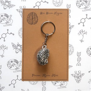 Può includere: Un portachiavi a forma di cervello argentato con un anello portachiavi argentato. Il portachiavi è su una carta marrone con il testo "Big Brain Keyring" e "Personal Message Here".