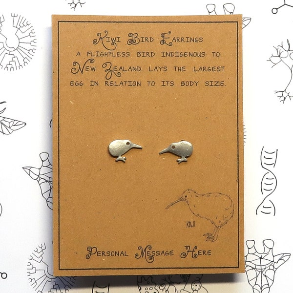 Tiny Kiwi Bird Earrings with Personalised Message