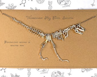 T-Rex Dinosaur Skeleton Necklace with Personalised Message