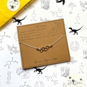 May include: A silver honeycomb necklace on a brown card with the word "Testosterone" and its chemical structure. The card also has text about testosterone's role in males. The background is white with science-themed illustrations and a yellow tissue paper.