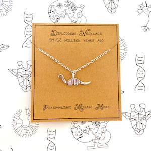 Tiny Diplodocus Dinosaur Necklace with Personalised Message