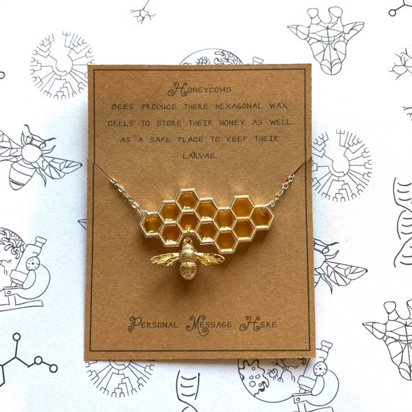 Honeycomb filled with honey and honeybee necklace with a personalised Message