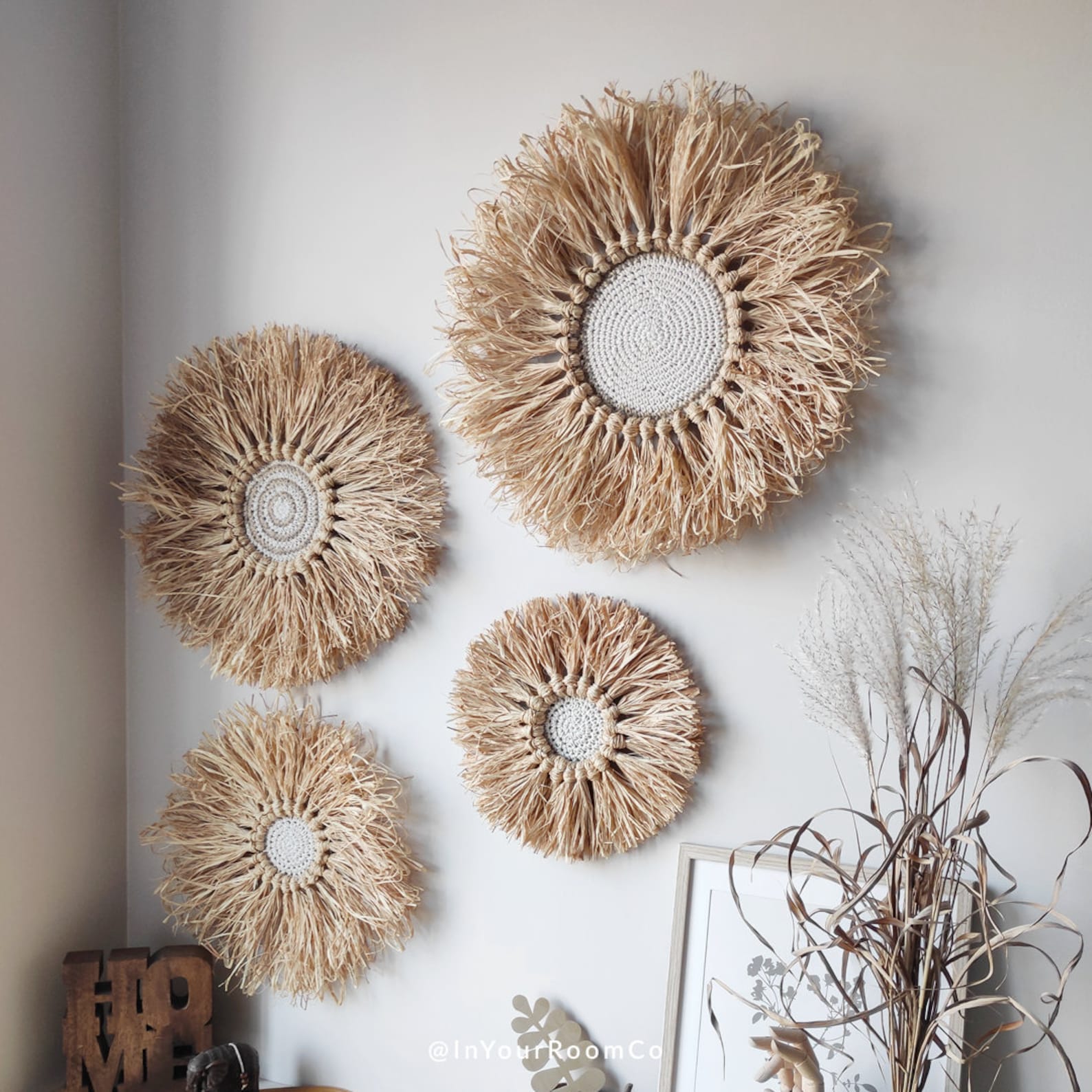 Raffia Round Wall Decor Boho Rattan Home Decoration Nursery Safari ...