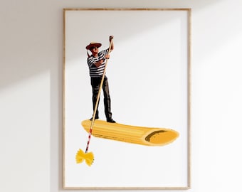 May include: A man in a striped shirt and straw hat is standing on a large piece of pasta, holding a long oar with a bowtie pasta at the end. The pasta is shaped like a penne.
