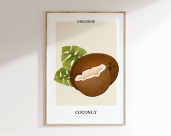 Coconut food art, Fruit poster, kitchen decor, kitchen wall art, Instant Download