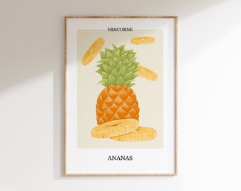 Pineapple food art, Fruit poster, kitchen decor, kitchen wall art, Instant Download