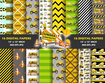 BAUSTELLE Clipart und Papiere Kit, sofortiger Download, Kran Kegel, Bagger Werkzeug, Schraubendreher