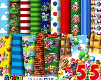 Super Mario Kart Digital Paper, Super Mario Kart canvas, Super Mario Kart printable, Super Mario Kart birthday decoration, Super Mario Kart