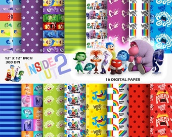May include: A digital paper pack with 16 different designs featuring characters from the movie Inside Out 2. The designs include various colors, patterns, and characters like Joy, Sadness, Anger, Fear, and Disgust. The text "Inside Out 2" is featured on the paper pack.