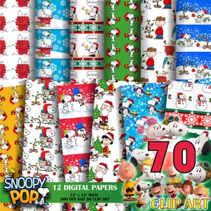 Natale Snoopy - Carta digitale natalizia Charlie Brown, decorazione di compleanno Snoopy, sfondo, carta stampabile, tela, clip art per feste