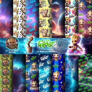 Baby Groot digitales Papier, Muster, Hintergrund, bedruckbares Scrapbook-Papier, Sofort-Download-Bundle, Bastelpapiere, Galaxie, Geburtstags-Kit