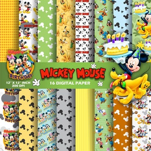 Carte digitali Mickey Clubhouse, tema festa di Topolino, amici di Topolino, Pippo, carte da regalo, modelli Clubhouse, scrapbooking, sfondo.