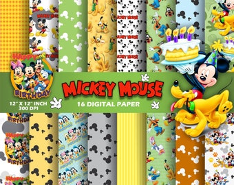 Könnte beinhalten: Ein Set mit 16 digitalen Papieren mit Mickey Mouse und seinen Freunden. Die Papiere sind in verschiedenen Farben und Mustern, darunter Gelb, Grün, Blau und Rot. Die Papiere sind perfekt für Scrapbooking, Kartenherstellung und andere Bastelprojekte.